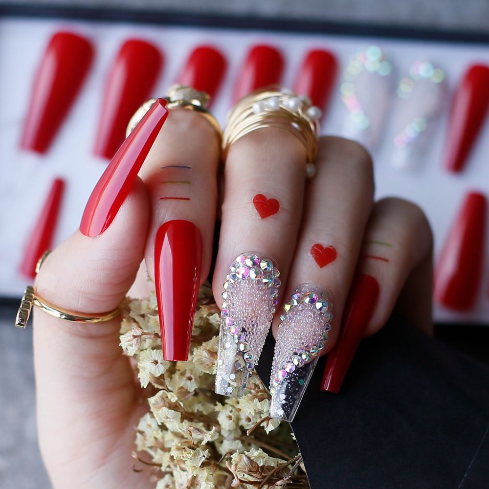 Valentine Nails Luxury Coffin Love Nails Red Acrylic False Nails Logo  Customization Pink Caviar AB Glitter Transparent Nail Gel From Fzyiyi10,  $23.36 | DHgate.Com