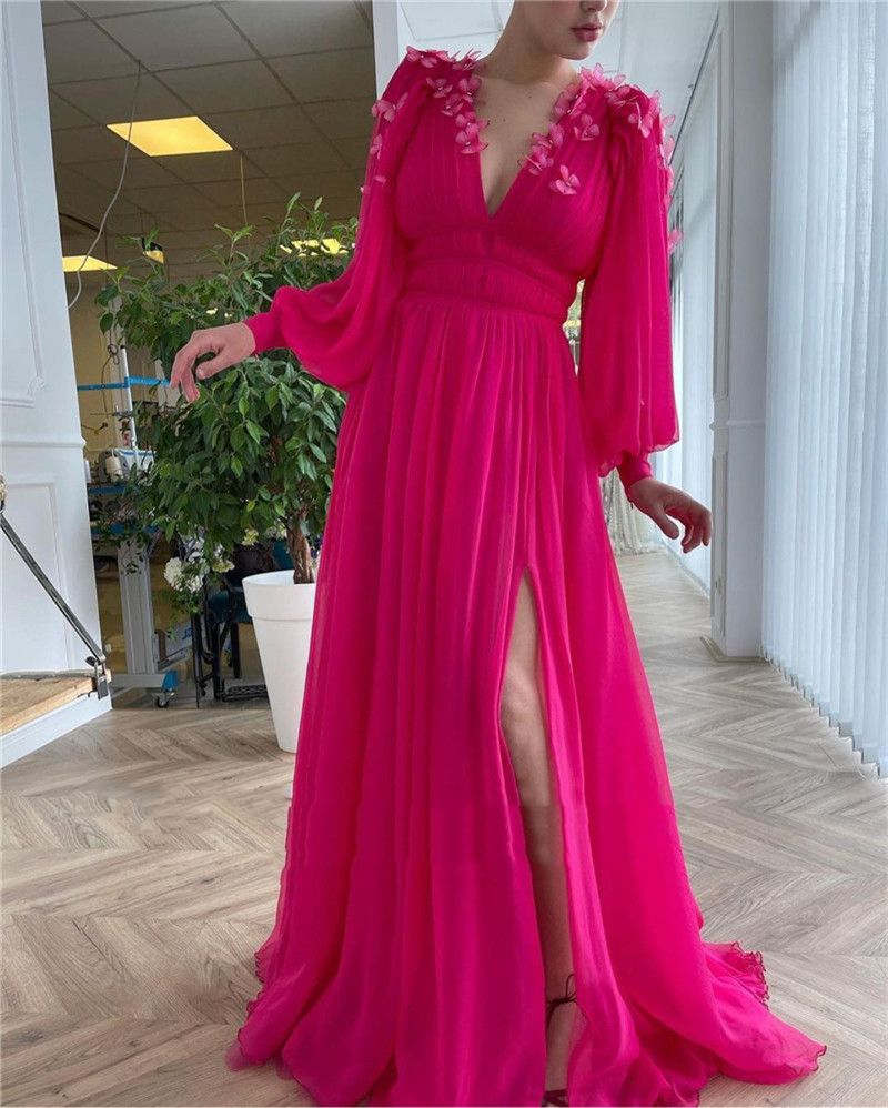 2021 Bright Pink Chiffon Prom Dresses Long Puff Sleeves V Neck Side