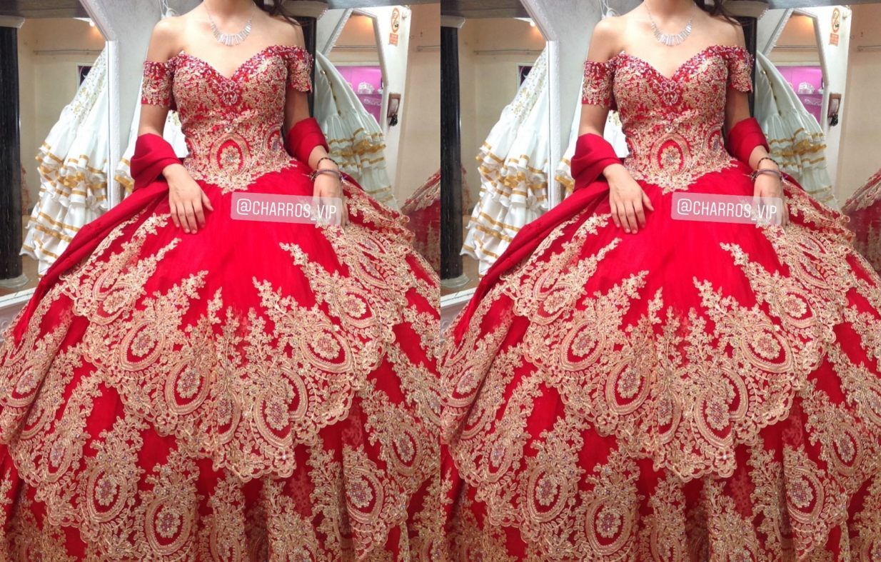Moderno bordado rojo y oro quinceañera vestidos de fiesta mexicah con gorra mangas cortas vestido de Moderno bordado rojo y oro quinceañera vestidos de fiesta mexicah con gorra mangas cortas vestido de