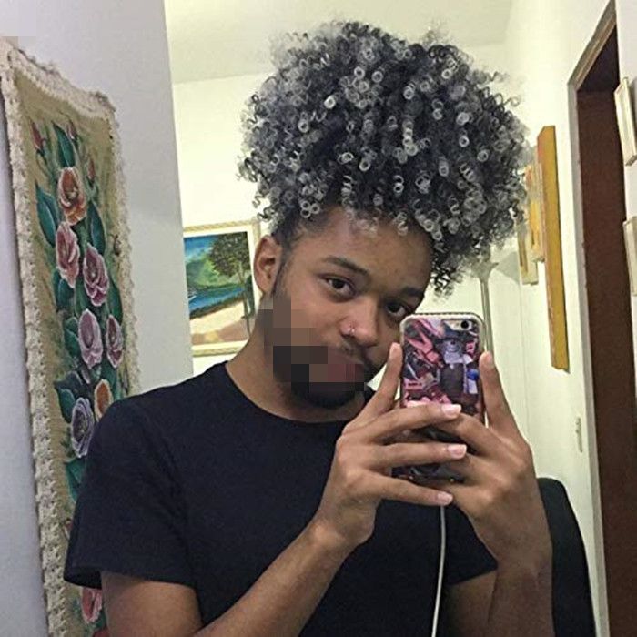 Black men women Gray human hair Pineapple ponytail extension silver grey  kinky curly afro puff Donut