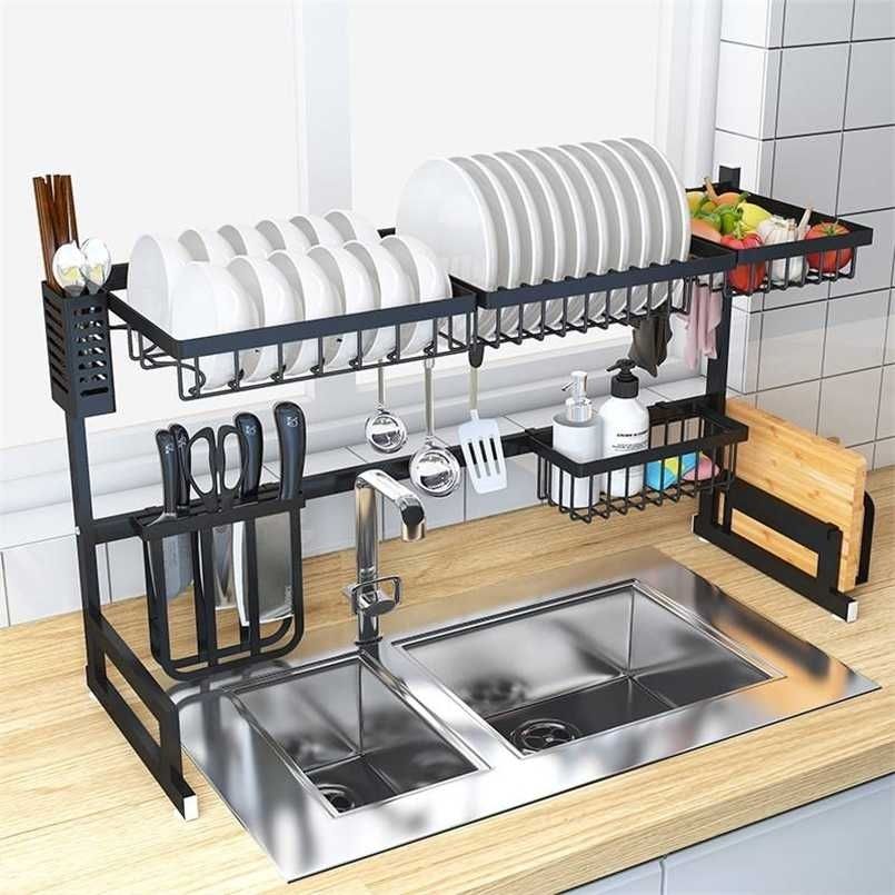 Estante para platos de acero inoxidable de 1 pieza, estante para secar  platos moderno de 2 estantes para cocina, Moda de Mujer