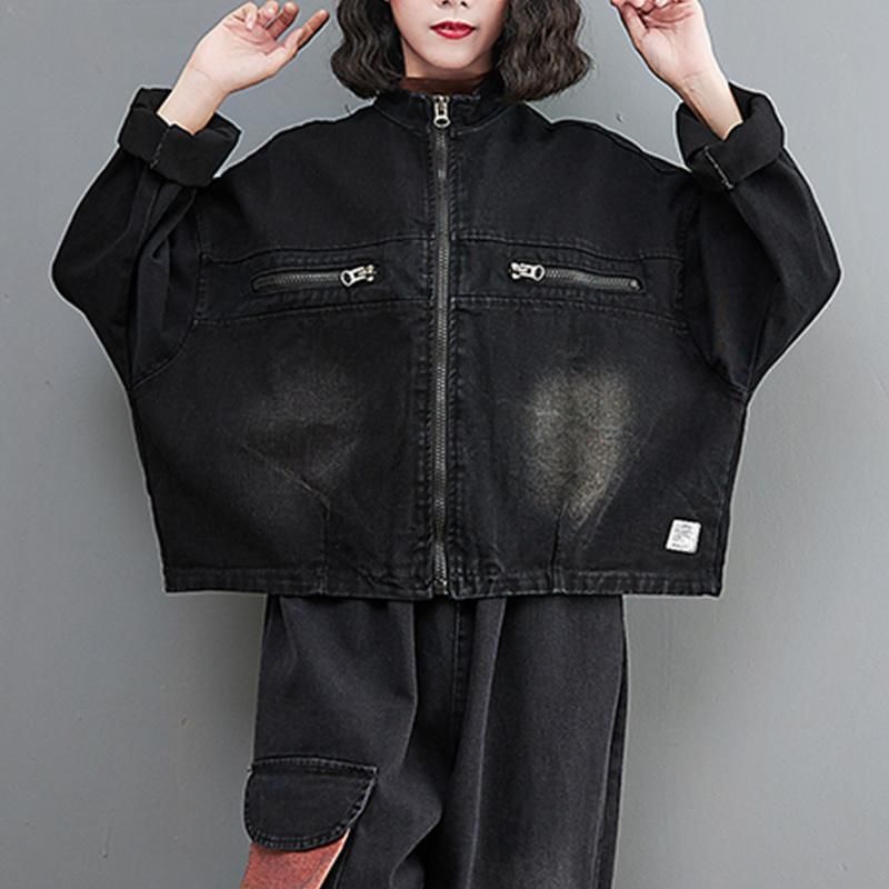 Compra Chaquetas De Mujer # 9190 Abrigos Cortos Negros Para Mujeres De  Manga Batwing SOBRE Denim Chaqueta Abrigo Damas Otoño Tops Chicas Vintage  Vintage Cremallera Barato | Entrega Rápida Y Calidad | Es.Dhgate