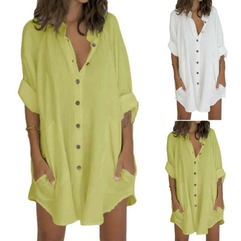 Compra Blusas De Las Mujeres Camisas Sueltas Ropa De Playa Para Mujer De  Manga Larga Botán Abajo Camiseta Mini Vestido Verano Sólido V Cuello Blusa  Camiseta Otoño Barato | Entrega Rápida Y