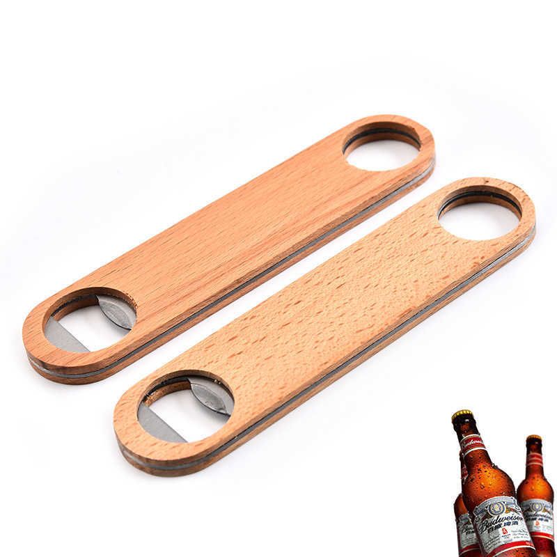 New Home Wooden Handle Stainless Steel Solid Durable Flat Drink Beer Bottle Opener Creative Kitchen Bar Tool