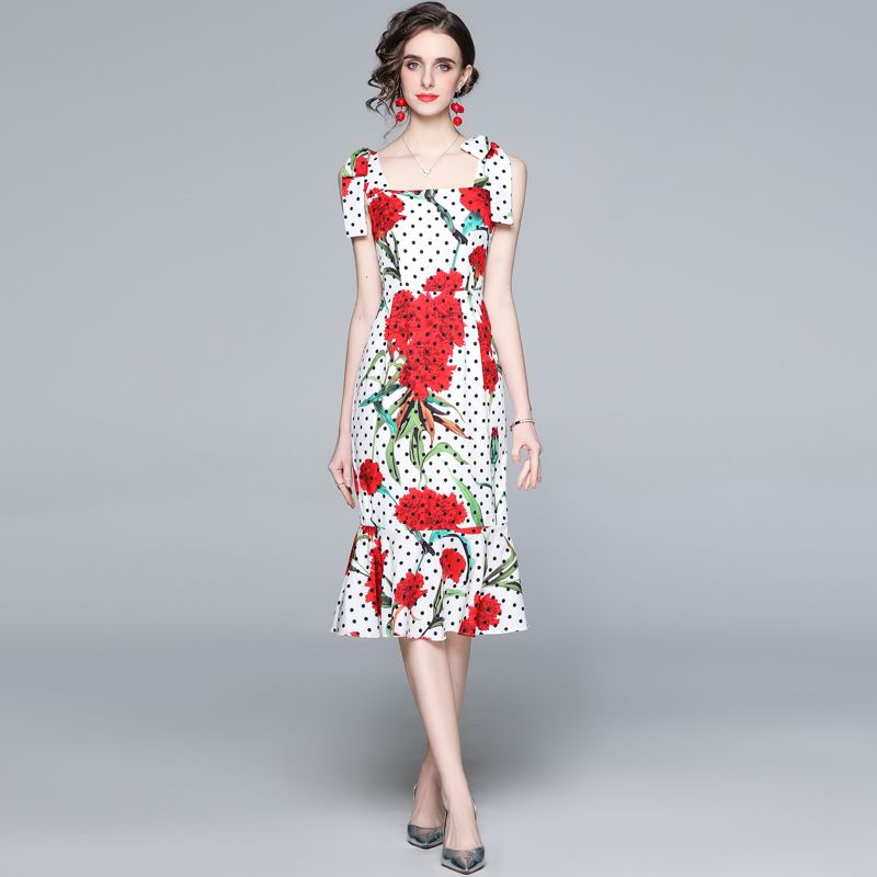 New Spring Summer Fall Runway Floral Print Bow Tie Neck Women Casual Midi Dress