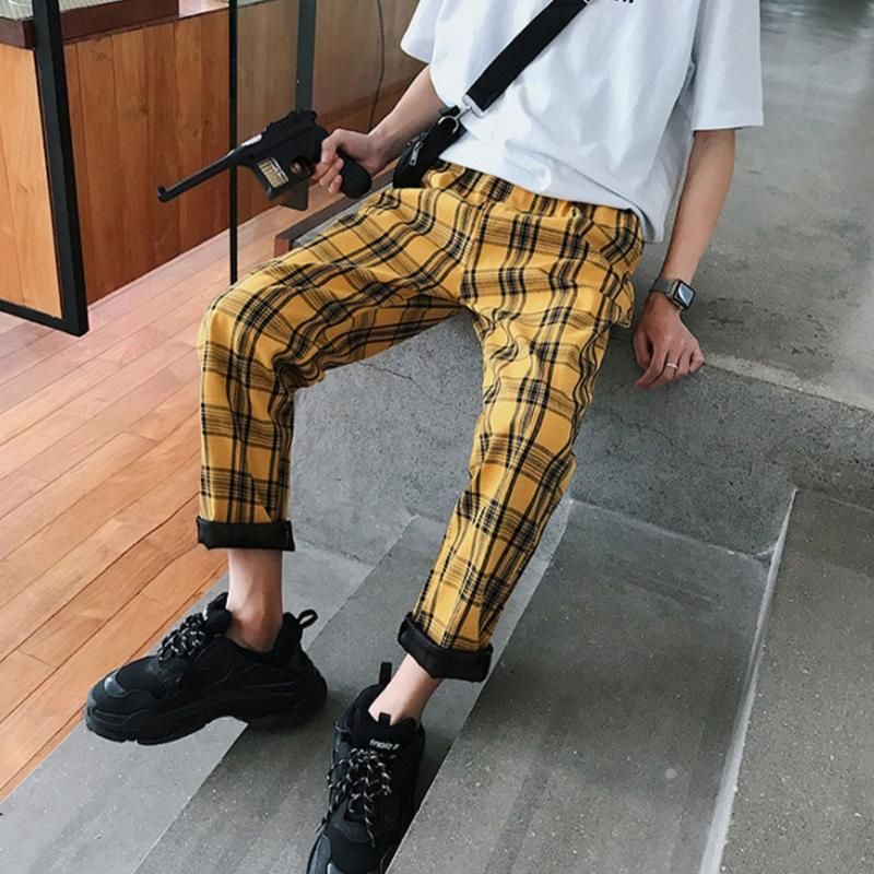Pantalones de cuadros amarillos para hombre, ropa de calle informal, harén,  rectos, estilo coreano, Hip Hop, de talla grande, 2020|Pantalones  informales| - AliExpress