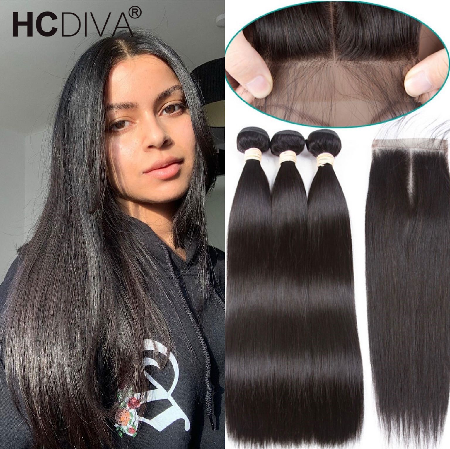 Bone Straight Hair Bundles With Closure Brazilian Human Hair Weave With  Lace Closure Remy Human Hair