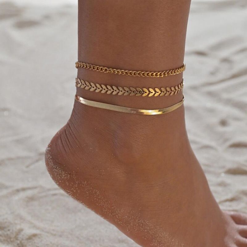 3 unids / set oro cadenas simples tobilleras para las mujeres Foot Pierna Cadena Tobillo Pulseras