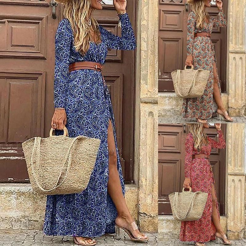 Acquistare Donne Autunno Inverno Abito Boho Contro Manica Lunga Manica  Lunga Paisley Cinghia Di Stampa Alta Partita Maxi Plus Size 3xl Fashion  Abiti Da Vestidos Abiti Casual Economico | Consegna Veloce E