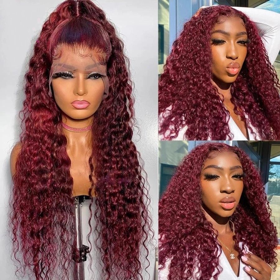 Curly Human Hair Wigs Wine Red Brazilian Remy Deep Wave Full Lace Front  Synthetic Wig 180
