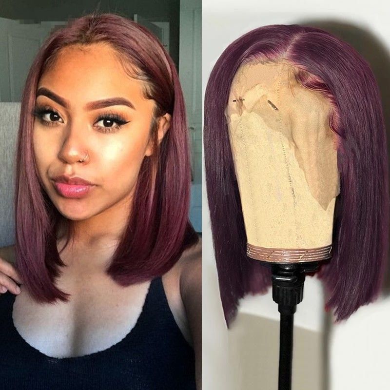 Side Part Burgundy Color Short Bob Straight 13X1 Lace Closure Wigs 