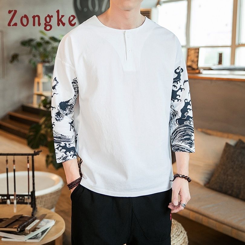 Zongke Chinese Style Linen T Shirt Men Tshirt Men T-Shirt Harajuku Funny T  Shirts Men Half Sleeve Clothes Summer Top 5XL 210329