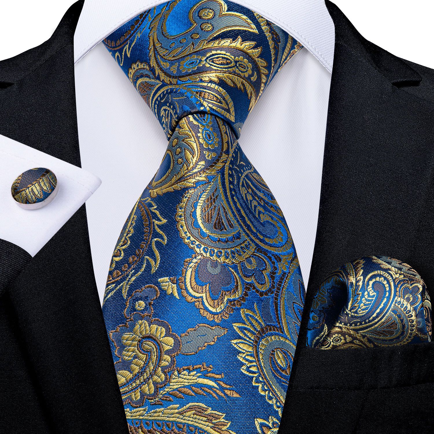 Necktie Yellow Blue Paisley Mens Silk Cravat Tie Set Hanky Business Wedding USA 