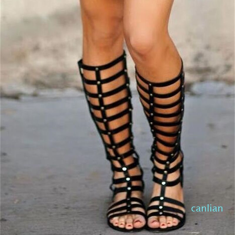 Compra Botas Negras Chicas Beige Oro Gladiador Cortes De Rodillas Sandalias  Altas Mujeres Botas Casual Mujer Fly Plana Remaches Largos Barato | Entrega  Rápida Y Calidad | Es.Dhgate