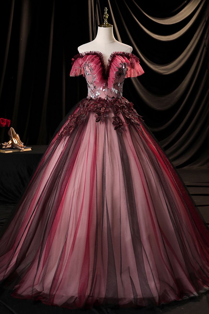 Vino de lujo rojo velo negro rebordear traje quinceañera bola vestido medieval vestido de dibujos animados Vino de lujo rojo velo negro rebordear traje quinceañera bola vestido medieval vestido de dibujos animados