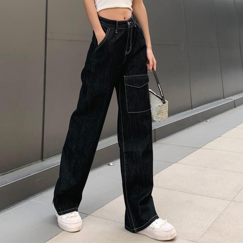 Compra Pantalones Vaqueros De Piernas De Ancho Recto, Pantalones De  Mezclilla De Moda De Moda En Cintura De Moda Con Bolsillo De Colgajo,  Pantalones Vaqueros Anchos / Ropa Club Ropa De Calle