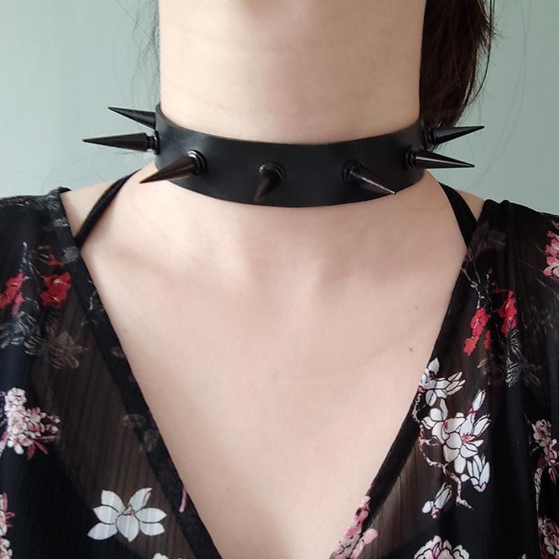 Men Punk Black Spiked Choker Collar 