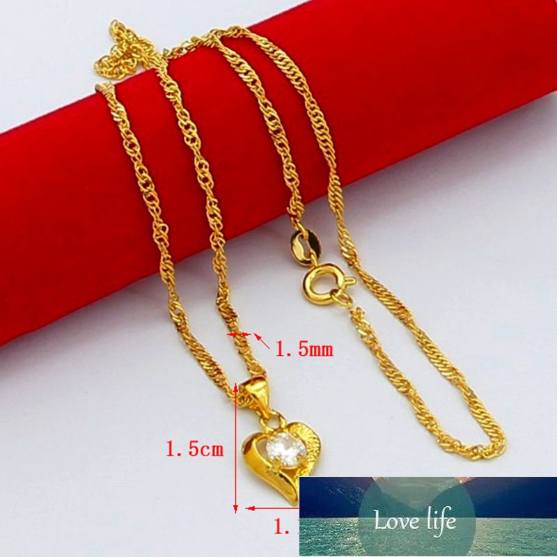 Genuine 24k Gold Necklace Zircon Heart Pendant Water Ripple Chain