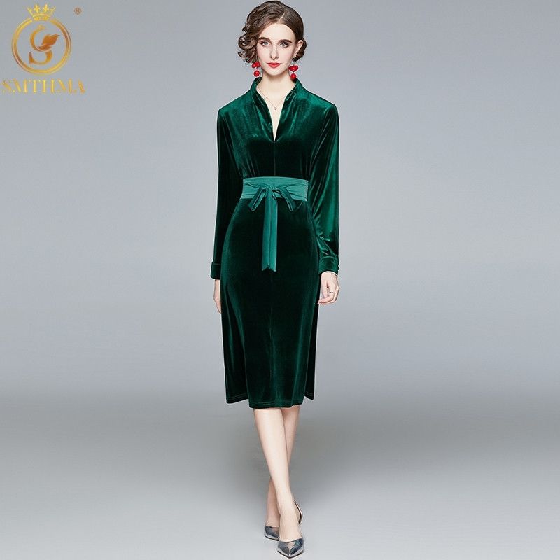 Compra Mujer De Otoño Velvet Vestidos Verdes Oscuros Manga Larga Sexy  Cuello En V Vestido De Mujer Ropa Mujer Con Cinturón 210520 Barato |  Entrega Rápida Y Calidad | Es.Dhgate