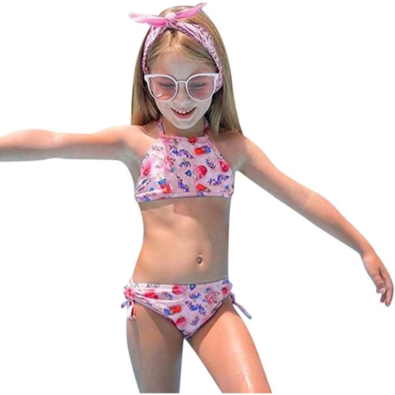 Toddler Baby Girl Swimwear Bowknot Swimsuit Lemon Watermelon Rainbow Print Bathing Suit Two Piece Halter Top Bikini Set 