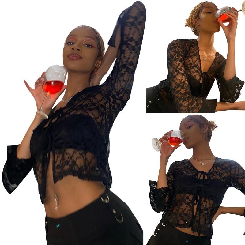 Women See-through Floral Lace Cropped Shirt Long Sleeve Button Down Blouse Tops 