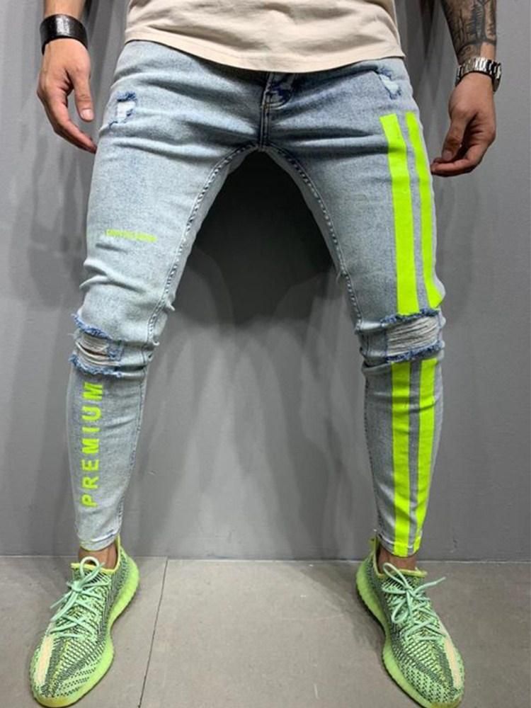 Hombres Cremallera Rayas Agujero Denim Lavado Vintage Hip Ho Hombres Cremallera Rayas Agujero Denim Lavado Vintage Hip Ho