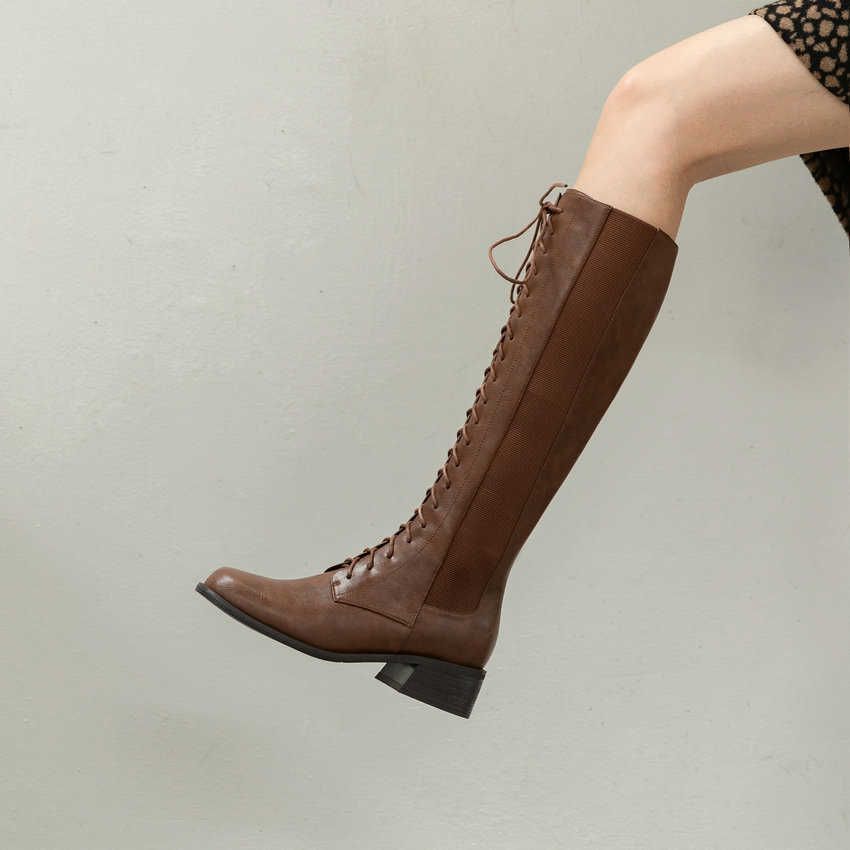 PU Leather Lace Up Stacked Heel Knee High Casual Boots Shoes Vintage Sheepskin Brown CN 39 = US 8 