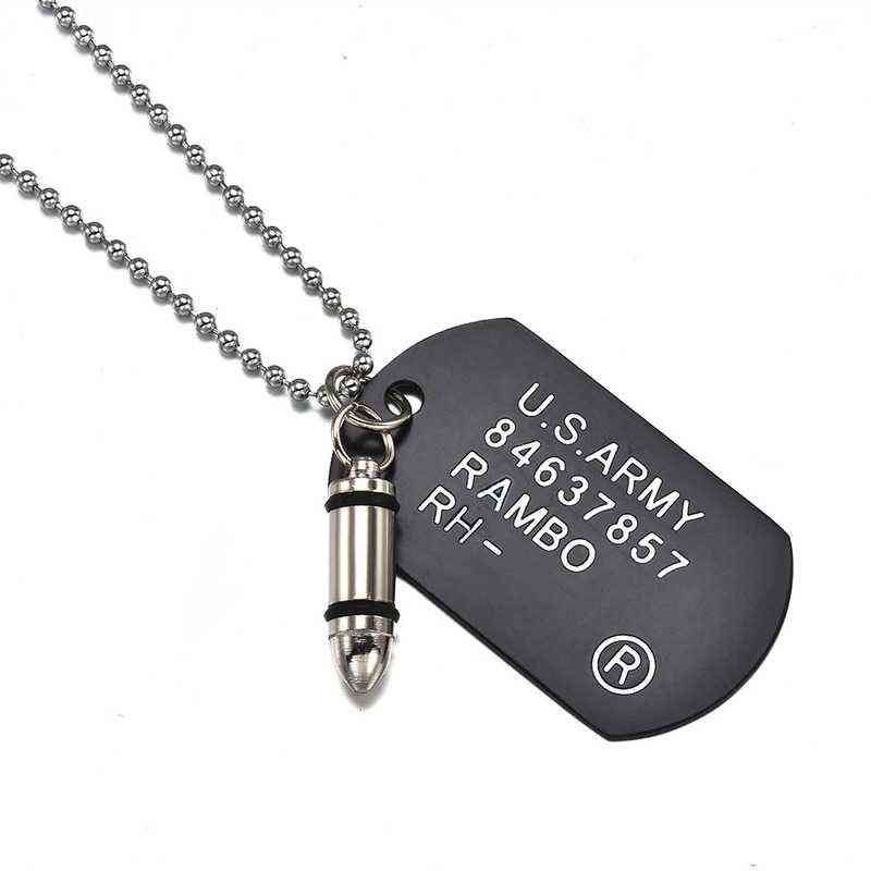 Men Military Army Bullet Charm Dog Tags SINGLE EMBOSSED Pendant Chain Necklace 