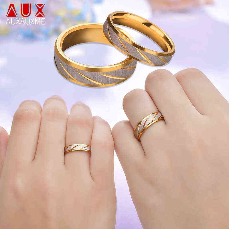 Auxauxme titanio acero grabado nombre amantes pareja anillos oro onda patrón boda anillo de para mujeres hombres joyería