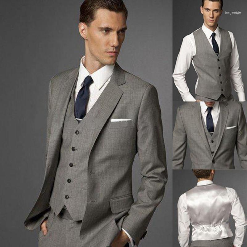 Plus Size 6XL 2021 Costume Homme Mens Suits Grey Wedding Groom 3 Pieces(Jacket+Vest+Pant) Slim Fit Tuxedo Suit 20211