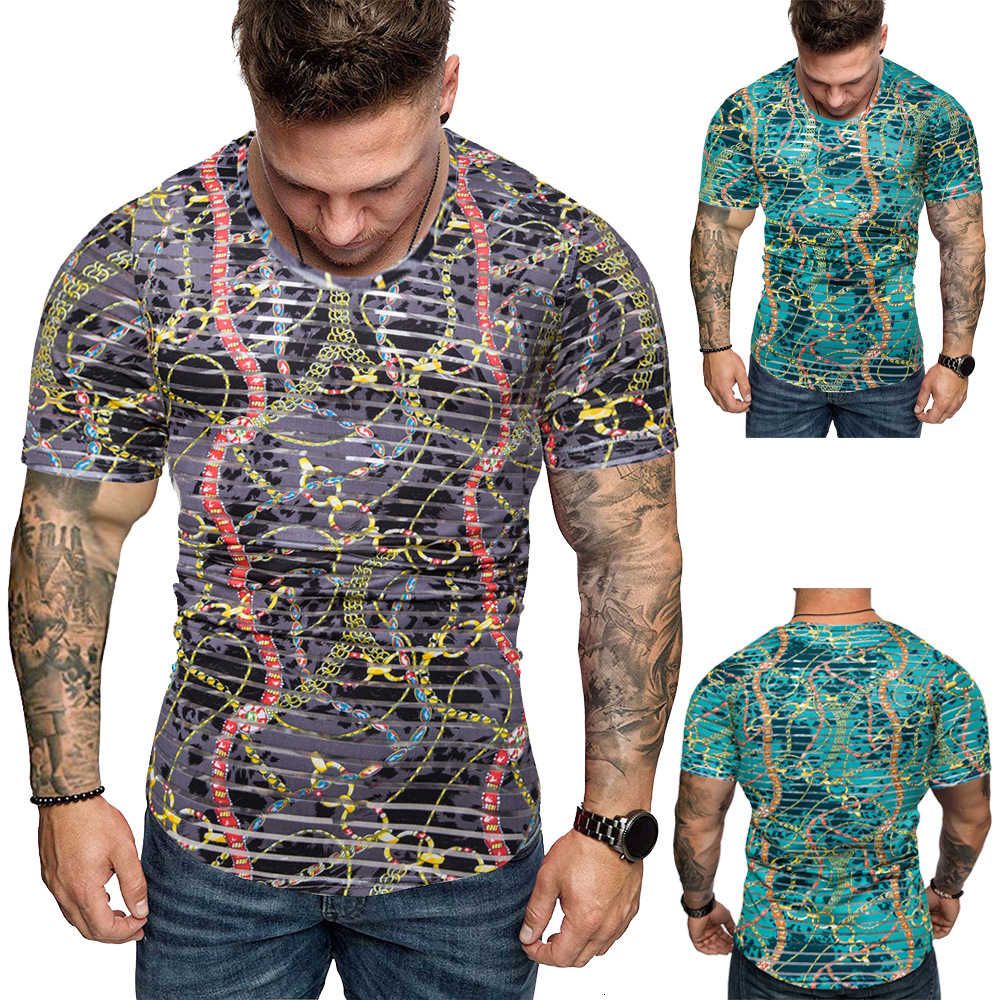 2021 novo verão homens impressos manga curta camiseta moda transparente decorativo decorativo pescoço casual t-shirtaazk
