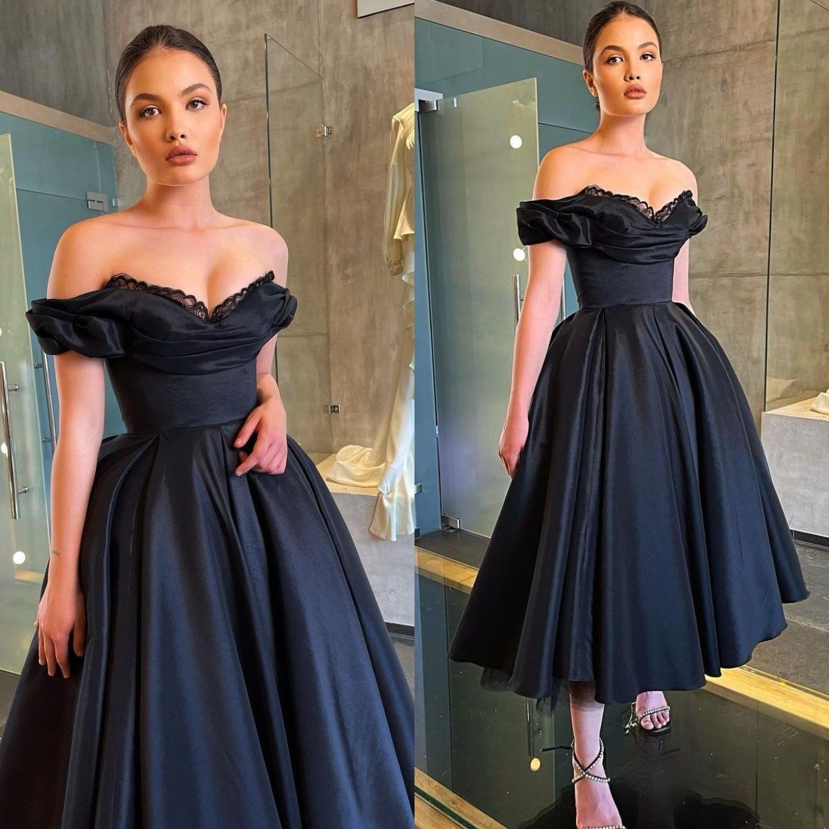 Compra 2022 Vestidos De Cóctel Negro Fuera Del Hombro Lace Satin Tea  Longitud Una Línea Vestido De Fiesta Personalizado Hecho Custom Formal  Vestidos Barato | Entrega Rápida Y Calidad | Es.Dhgate