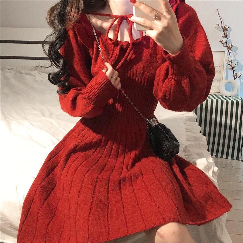 qweek 2021 otoño vestido rojo vestido mujer vintage kawaii manga larga mini