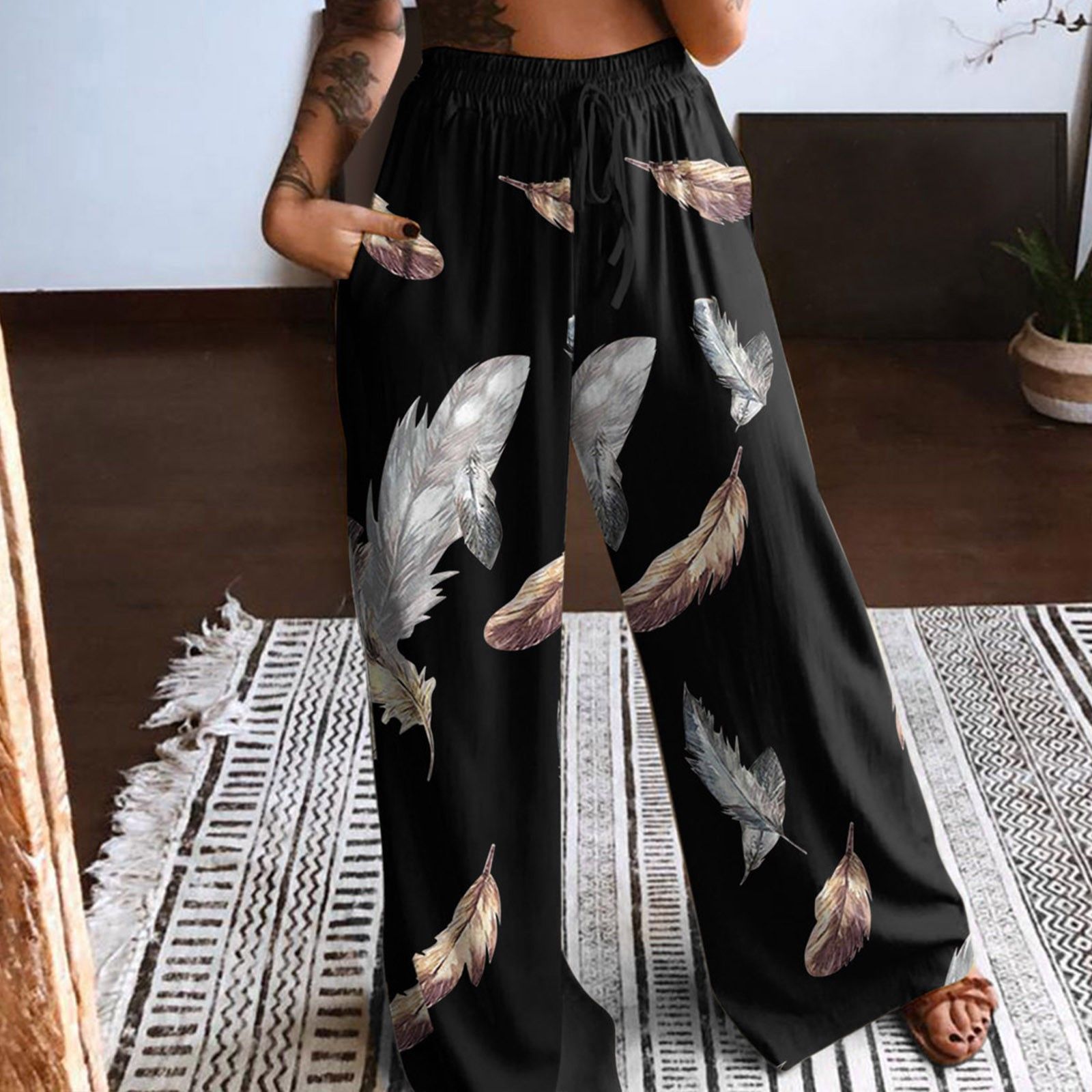 Compra Pantalón Ancho Pantalón De Cintura Alta Pluma Impresión Larga Pantalones  Largos Boho Hippie Drawstring Playa Bolsillos Pantalones Pantalón Verter  Barato | Entrega Rápida Y Calidad | Es.Dhgate