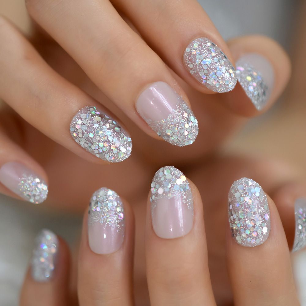 Holographic Silver Glitter Press On Nails Short Style Daily Wear Nude Pink  Lady False Nails Oval