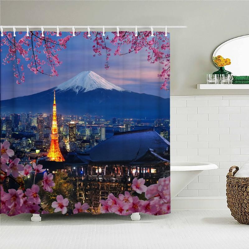 Cortinas de ducha 3D Paisaje natural Impresión Flores de cerezo Monte Fuji  Cortina de baño Impermeable