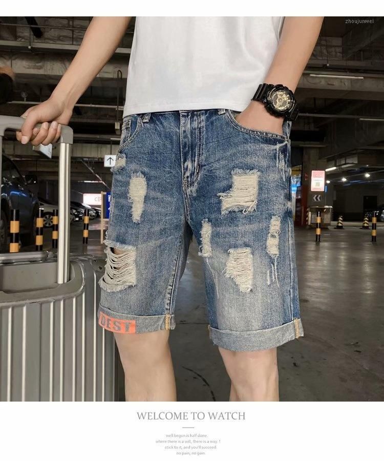 Pantalones vaqueros masculinos americanos cortados y lágrimas cortos de mezclilla marca de guapo capris verano