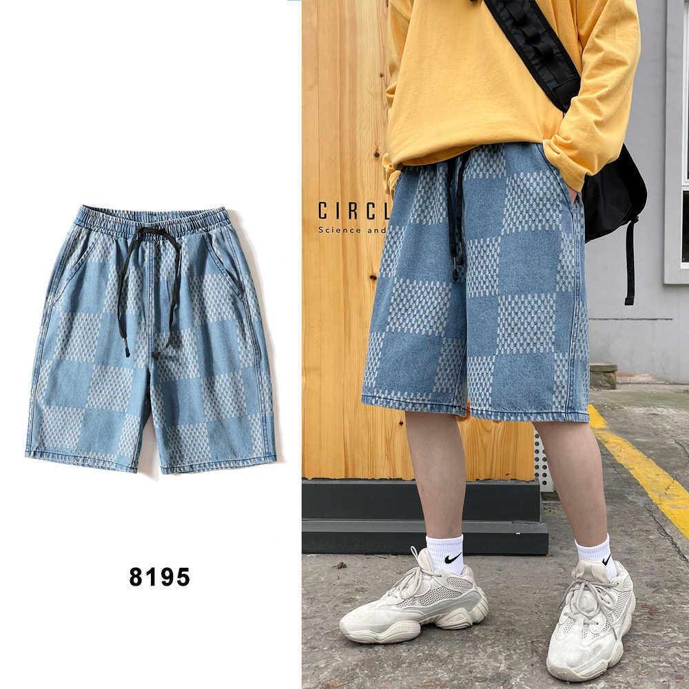 Summer Men Plaid Wide Leg Denim Shorts Casual Baggy Male Hip Hop