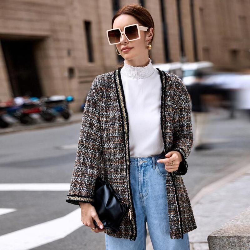 Chaquetas de mujer 2021 primavera chaqueta casual suelto tweed abiertas punto plaid oficina