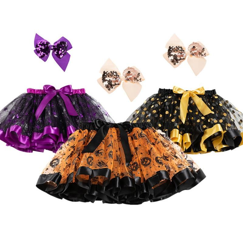 Skirts Tutu For Girls Children Kids Girl Ghost Print Bow Bubble Skirt  Halloween Costume Clothing Party Wear With Hair Decoration