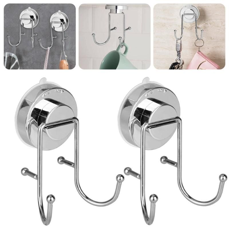Vacuum Stainless Steel Suction Cup Double Hook Bathroom Wall Hanger Kitchen Rack 
