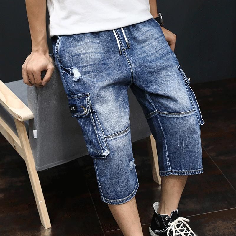 Ganar Tutor nieve Pantalones cortos de mezclilla de los pantalones vaqueros de los hombres 3/4  hombres agujeros de