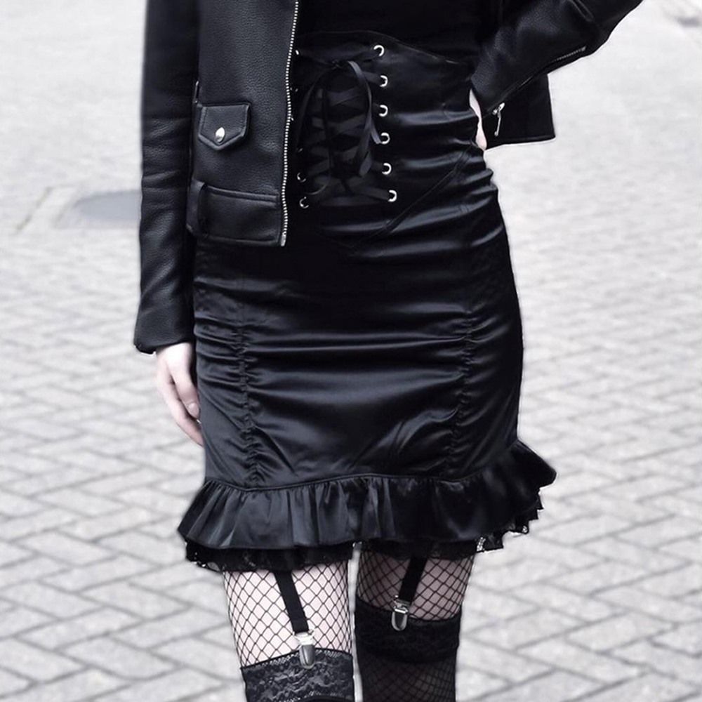 Sexy goth faldas negras góticas bodycon falda mujeres encaje vendaje plisado alta cintura delgada