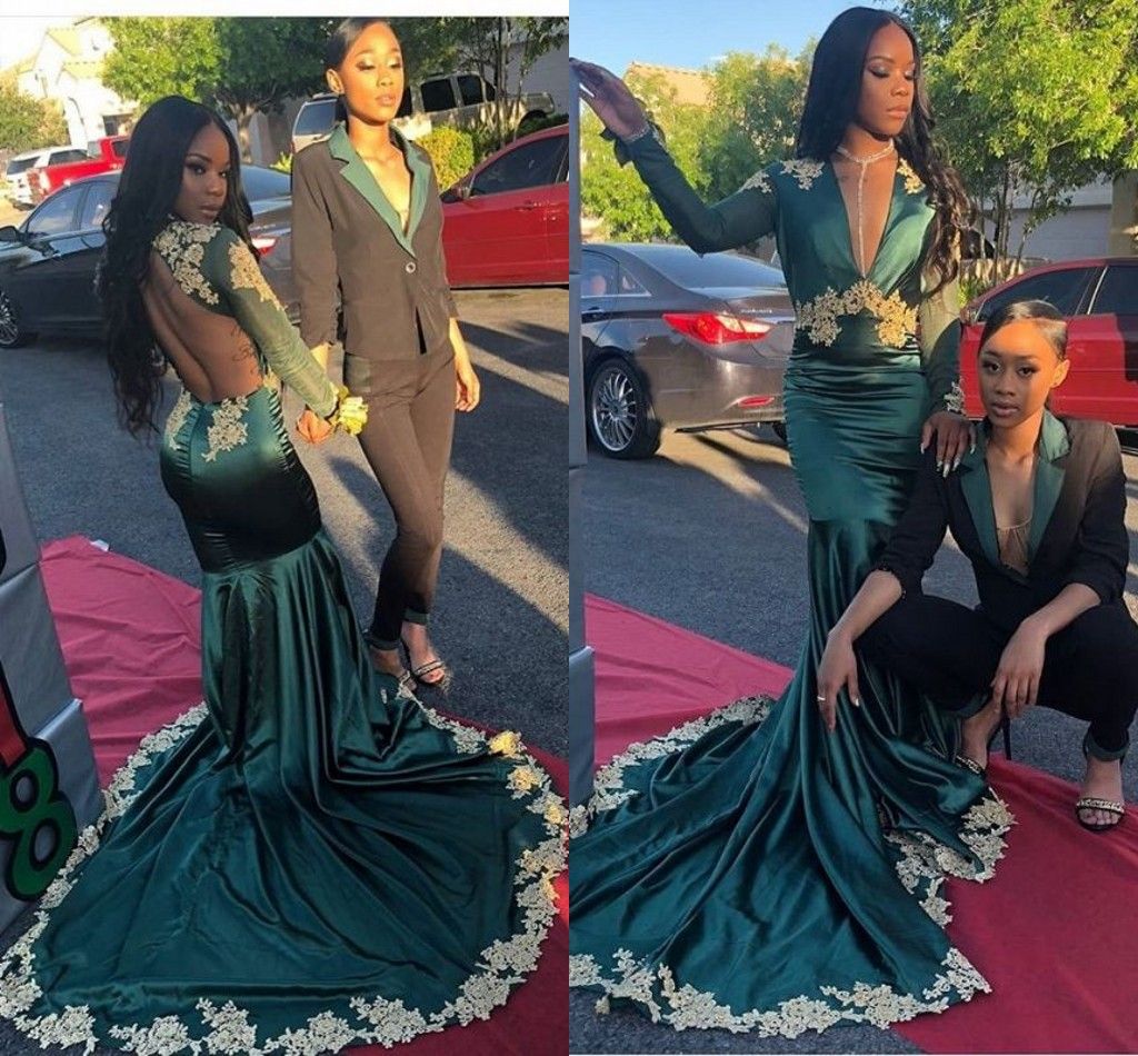 Sexy Deep V Neck Sheer Long Sleeve Dark Green Prom Dresses Gold Appliqued Mermaid African Girls