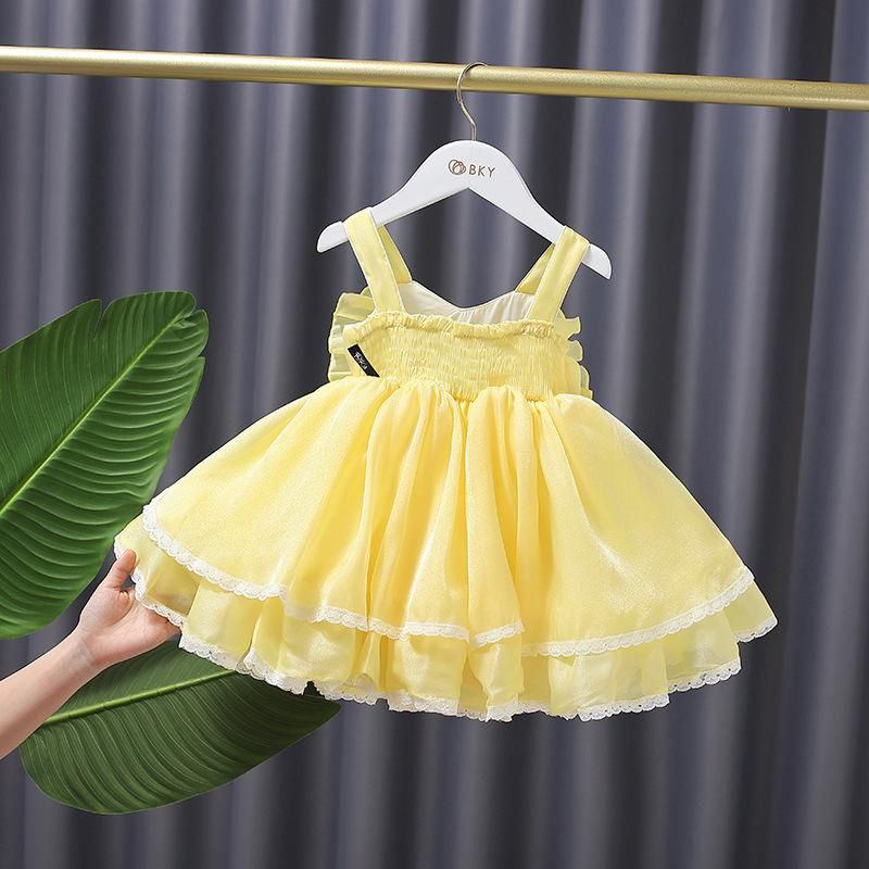 Niños bebé niña verano hadas suspender mini vestidos amarillos dulce lindo encantador vestido de alta