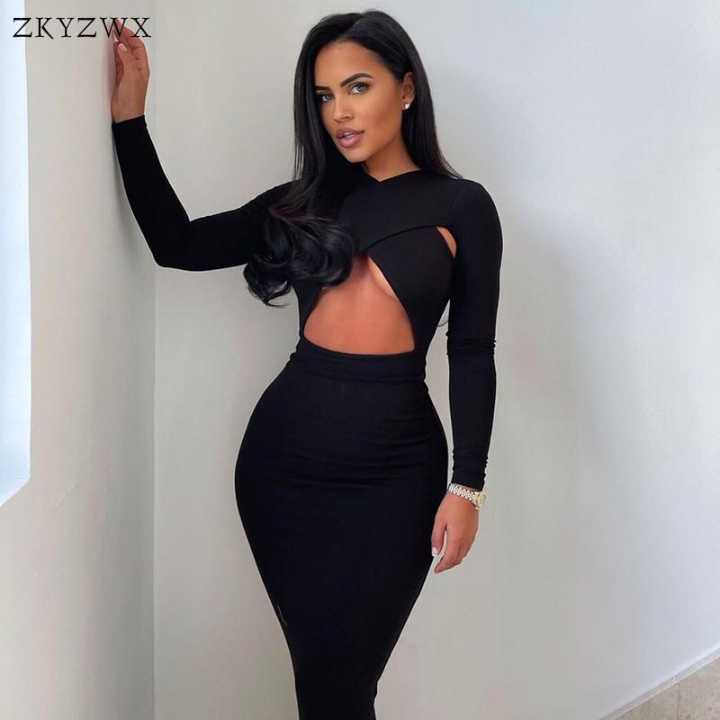 Casual Dresses HAOYUAN Sexy Hollow Out Long Sleeve Maxi For Women Party Club  Outfits Fall Clothes Black White Elegant Bodycon Dress From Manxinxin,  $27.85 | DHgate.Com