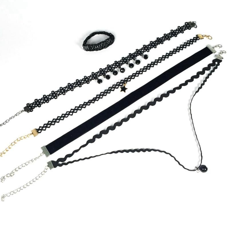 5pcs/set Lace Black Velvet Choker Necklace Pearl Chain Vintage Collar Necklaces