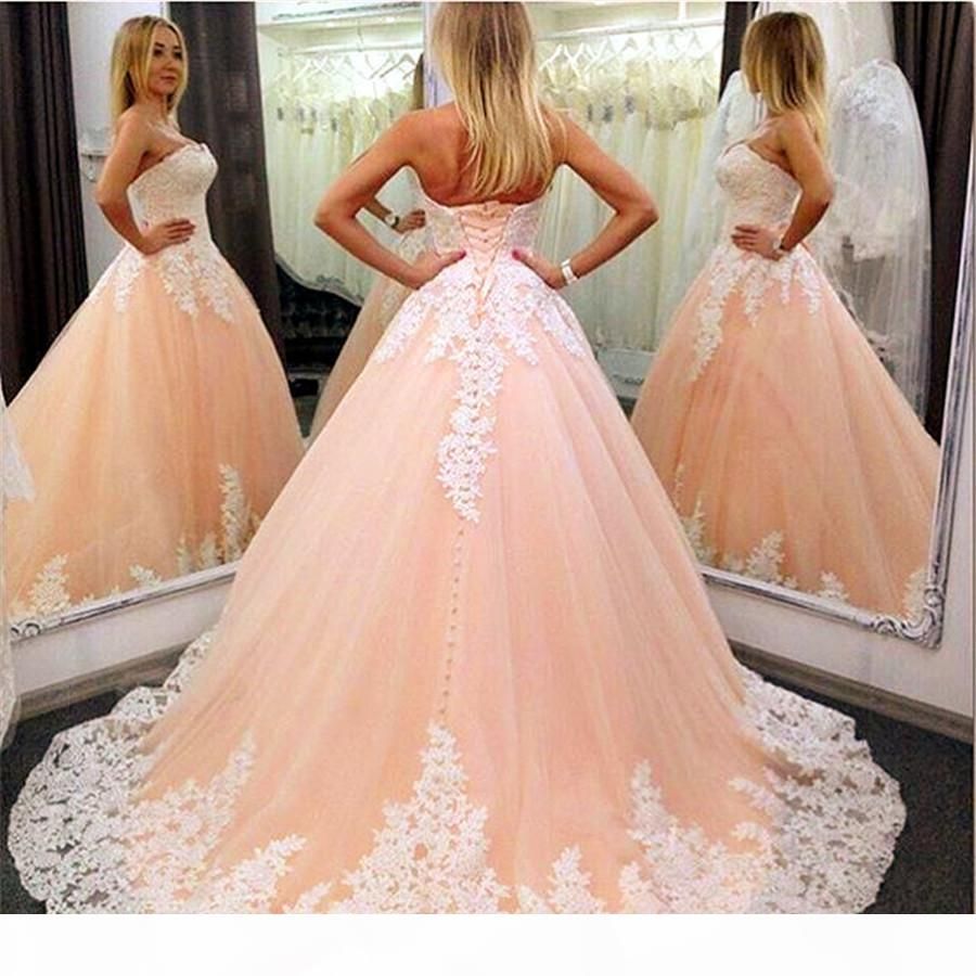 Acquistare Abito Da Sposa Della Pesca Della Pesca Della Scollatura Con Gli  Abiti Da Parati Di Colore Abiti Da Sposa Dellapplicazione Del Pizzo Avorio  Abito Da Sposa Di Quinceanera Con Il Treno
