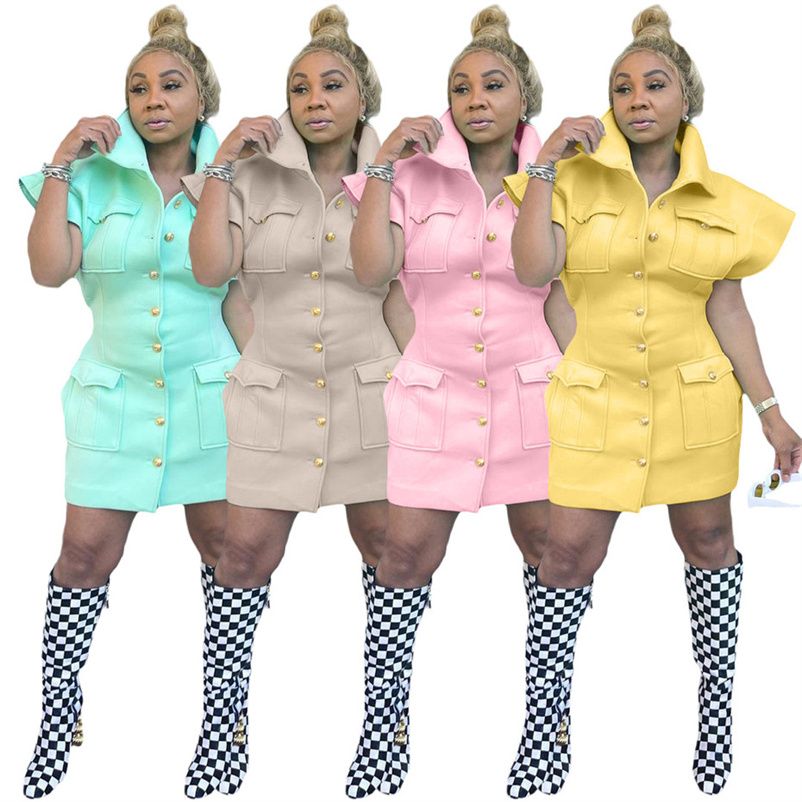 Bulk Items Wholesale Clothing Women Winter Spring Dresses Single Breasted Solid Color Mini Dress Short Sleeve Turn Down Collar Pockets One Piece Klw8418 From Clover 2 15 54 Dhgate Com