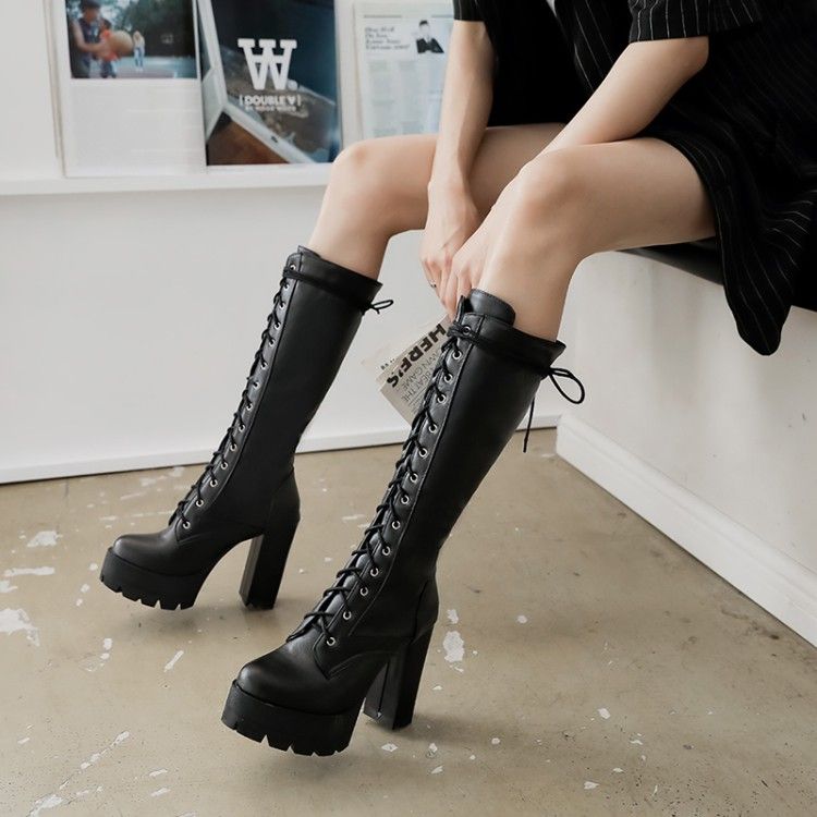 Details about   Ladies Women's Knee High Thigh Boots Lace Up Mid Heel Punk Motor Riding Shoes SZ 